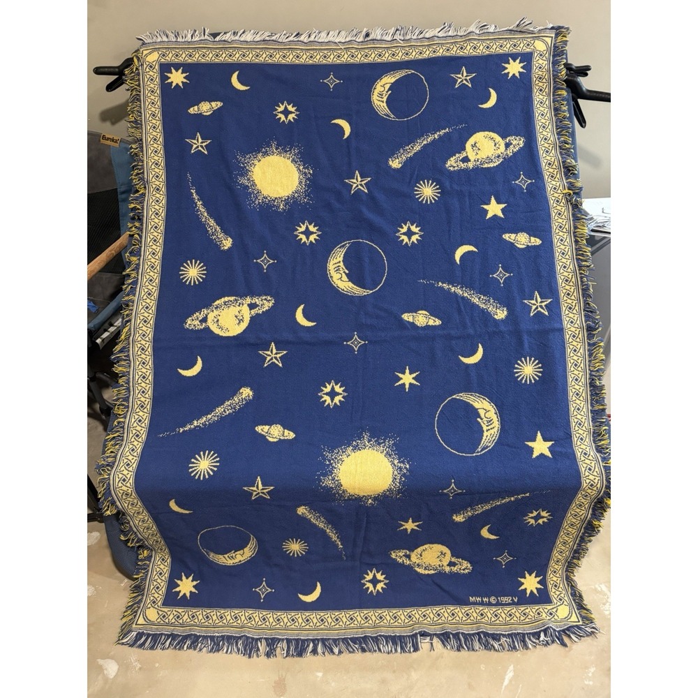 Vtg Celestial Woven Throw Sun Moon Stars  MWW 90s Blue Reversible 70"x46" Celtic